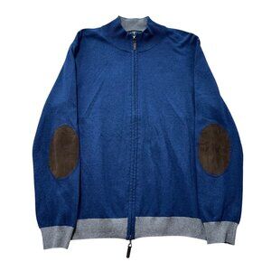 Bugatchi Mens Large Night Blue Full-Zip Sweater With Brown Suede Elbow Patches